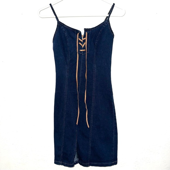 Helium Y2K vintage lace-up stretchy dark denim jean short mini dress front slit - Picture 1 of 11